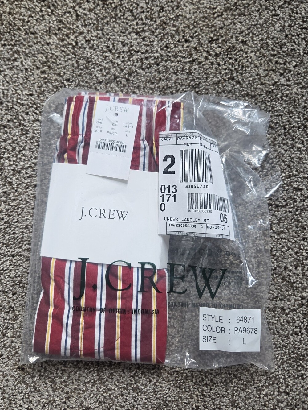 NWT J. Crew Men's Woven Boxers Size L Large Red Burgundy Striped 100% Cotton